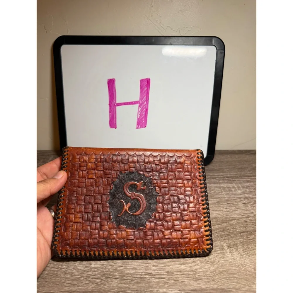 Leather Wallet or Planner Tooled Basketweave Monogram S Brown